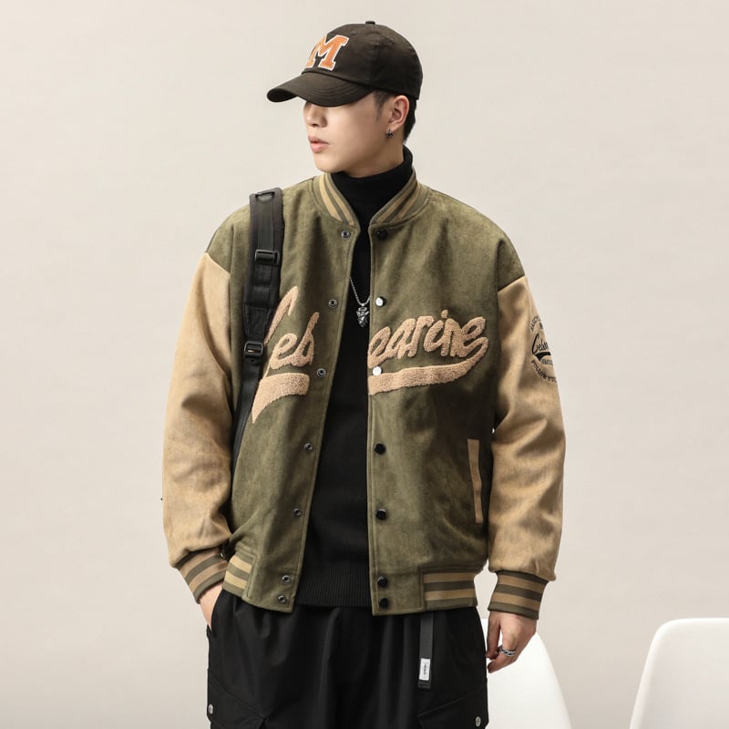 Őszi-téli velúr baseball kabát állógallérral, laza szabás, őz velúr anyag, hímzett részletek