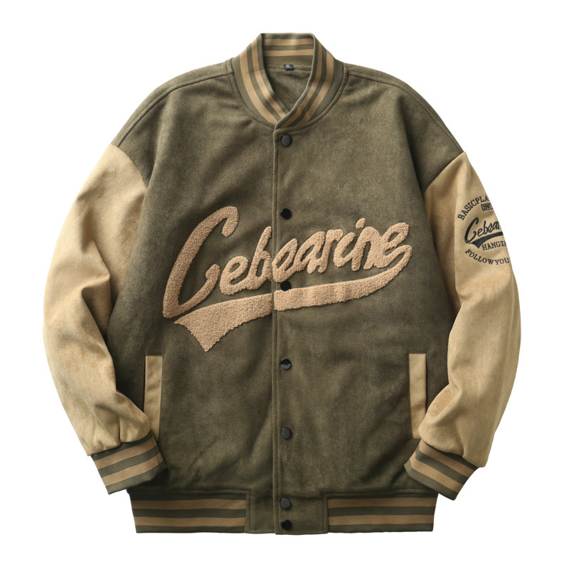Őszi-téli velúr baseball kabát állógallérral, laza szabás, őz velúr anyag, hímzett részletek