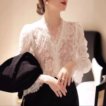 Női csipkés blúz V-nyakúval, hosszú ujjú, hercegnő-stílusú