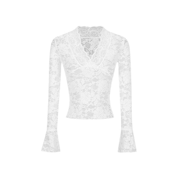 Čipkasti top s V-dekoltom, zvonasti rukavi, slim fit, srednje duljine, uzorak razbijenih cvjetova