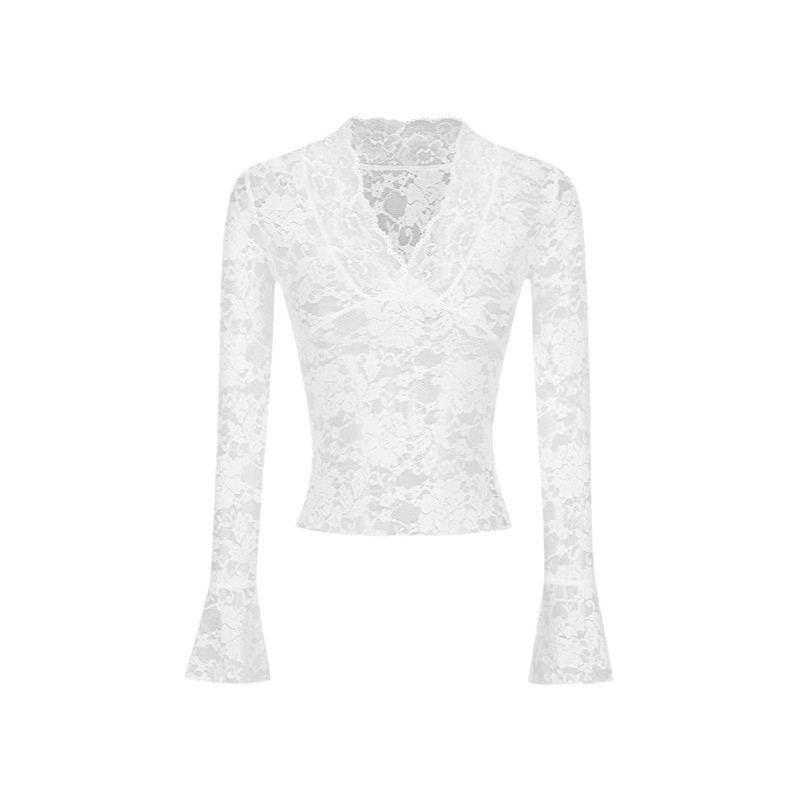 Čipkasti top s V-dekoltom, zvonasti rukavi, slim fit, srednje duljine, uzorak razbijenih cvjetova