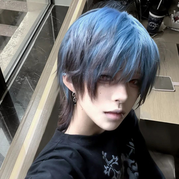 Πλήρης περούκα κεφαλής, κοντή ευθεία τρίχα με φράντζ, σιλουέτα ουράς λύκου, αισθητική δύο διαστάσεων υποκουλτούρας, ίνα μαλλιών υψηλής θερμοκρασίας