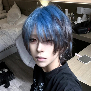 Πλήρης περούκα κεφαλής, κοντή ευθεία τρίχα με φράντζ, σιλουέτα ουράς λύκου, αισθητική δύο διαστάσεων υποκουλτούρας, ίνα μαλλιών υψηλής θερμοκρασίας