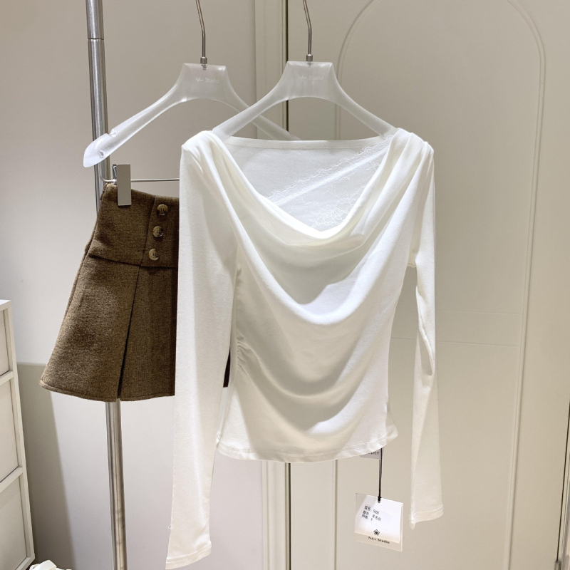 Ženski vuneni pleteni T‑shirt s dugim rukavima, čipkasti patchwork i swing ovratnik, pamukova mješavina