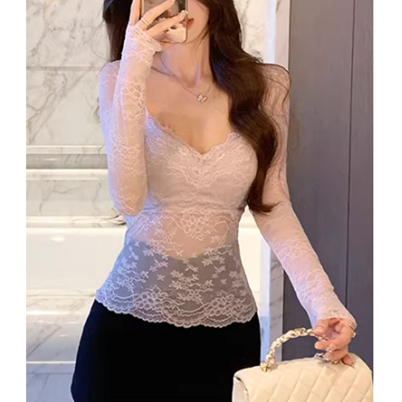 Полиестерен дамски топ с V-образно деколте, дълги ръкави, Slim Fit, едноцветен