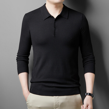 Férfi galléros kötött pulóver, hosszú ujjú, karcsú szabás, egyszínű, gyapjú 36–40%