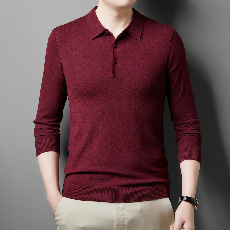 Férfi galléros kötött pulóver, hosszú ujjú, karcsú szabás, egyszínű, gyapjú 36–40%