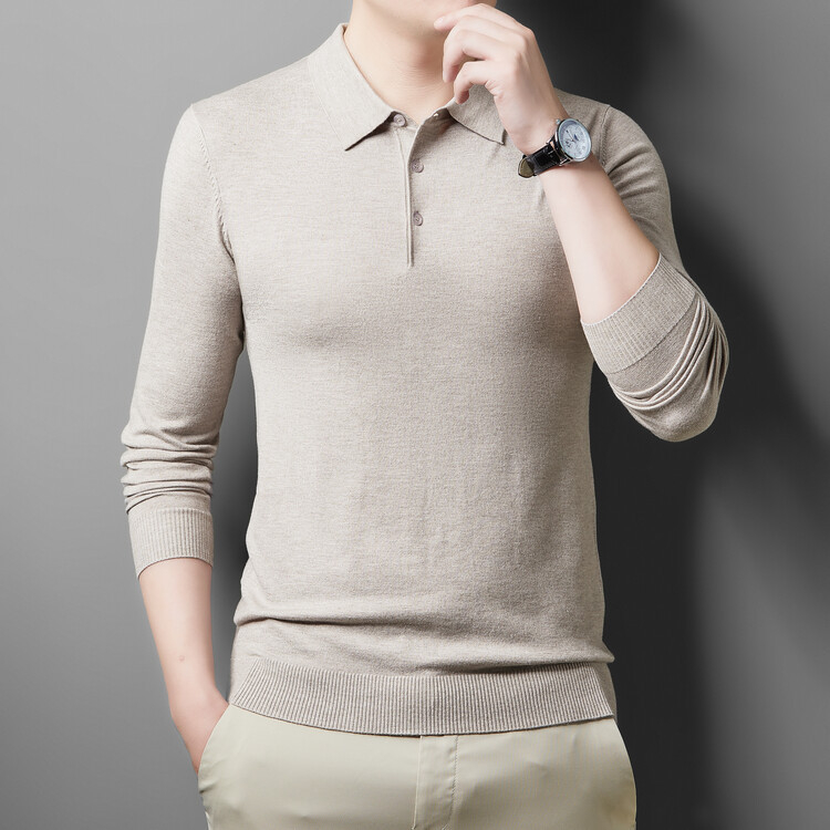 Férfi galléros kötött pulóver, hosszú ujjú, karcsú szabás, egyszínű, gyapjú 36–40%