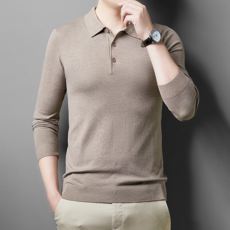 Férfi galléros kötött pulóver, hosszú ujjú, karcsú szabás, egyszínű, gyapjú 36–40%