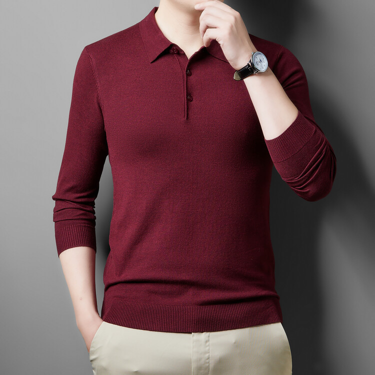 Férfi galléros kötött pulóver, hosszú ujjú, karcsú szabás, egyszínű, gyapjú 36–40%