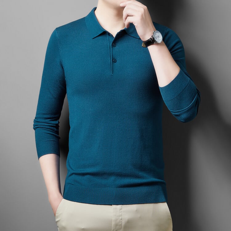 Férfi galléros kötött pulóver, hosszú ujjú, karcsú szabás, egyszínű, gyapjú 36–40%