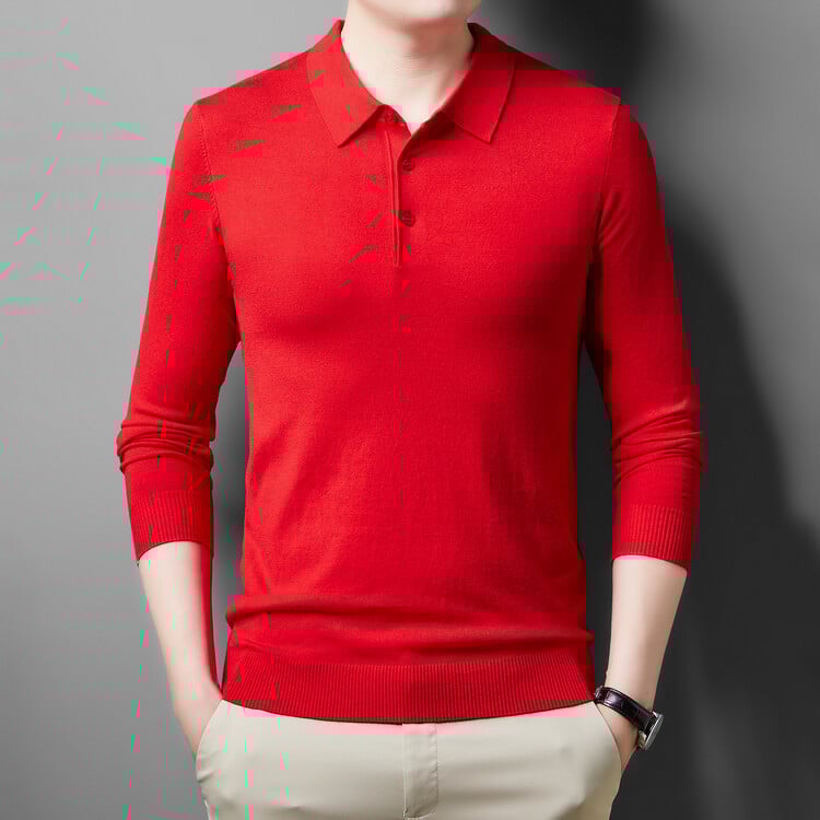 Férfi galléros kötött pulóver, hosszú ujjú, karcsú szabás, egyszínű, gyapjú 36–40%