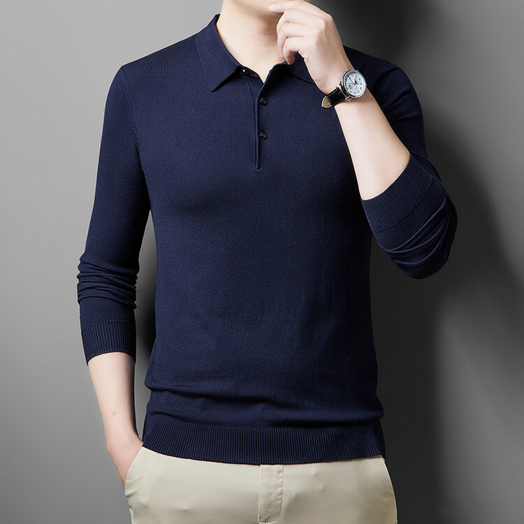 Férfi galléros kötött pulóver, hosszú ujjú, karcsú szabás, egyszínű, gyapjú 36–40%