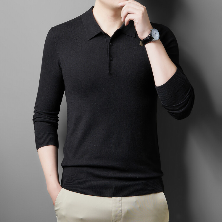 Férfi galléros kötött pulóver, hosszú ujjú, karcsú szabás, egyszínű, gyapjú 36–40%