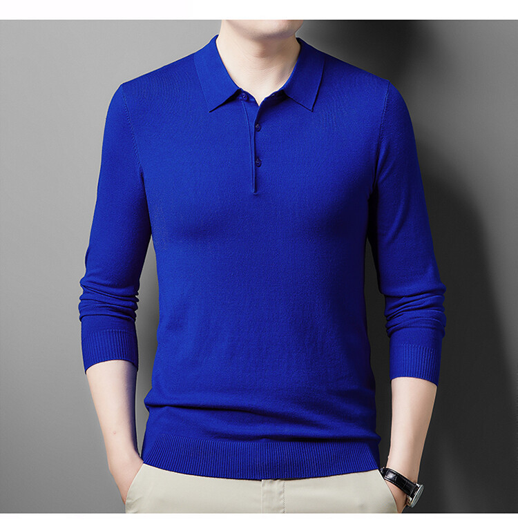 Férfi galléros kötött pulóver, hosszú ujjú, karcsú szabás, egyszínű, gyapjú 36–40%