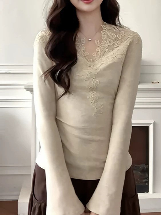 Pletena majica s V-izrezom, dugi rukavi, poliester, jednobojni uzorak, elegantan poslovni stil