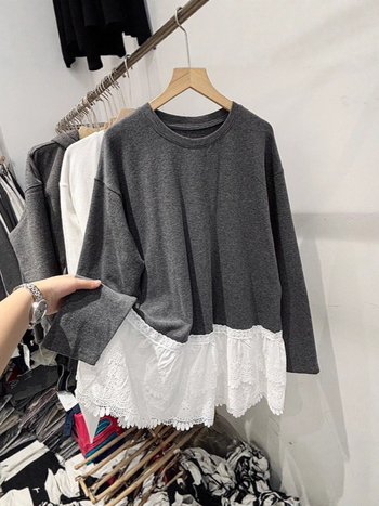 Majica od pamuka s dugim rukavima, slobodan kroj, mercerizirani pamuk, 95%+ pamuk, okrugli ovratnik, normalna duljina (50-65 cm)