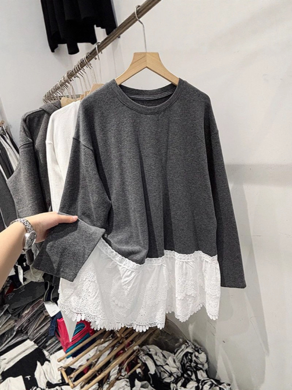 Majica od pamuka s dugim rukavima, slobodan kroj, mercerizirani pamuk, 95%+ pamuk, okrugli ovratnik, normalna duljina (50-65 cm)