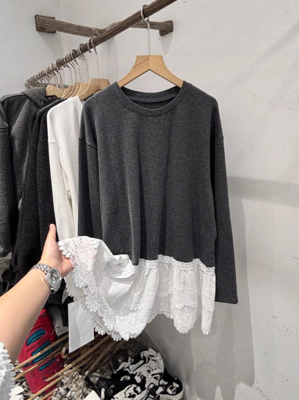 Majica od pamuka s dugim rukavima, slobodan kroj, mercerizirani pamuk, 95%+ pamuk, okrugli ovratnik, normalna duljina (50-65 cm)