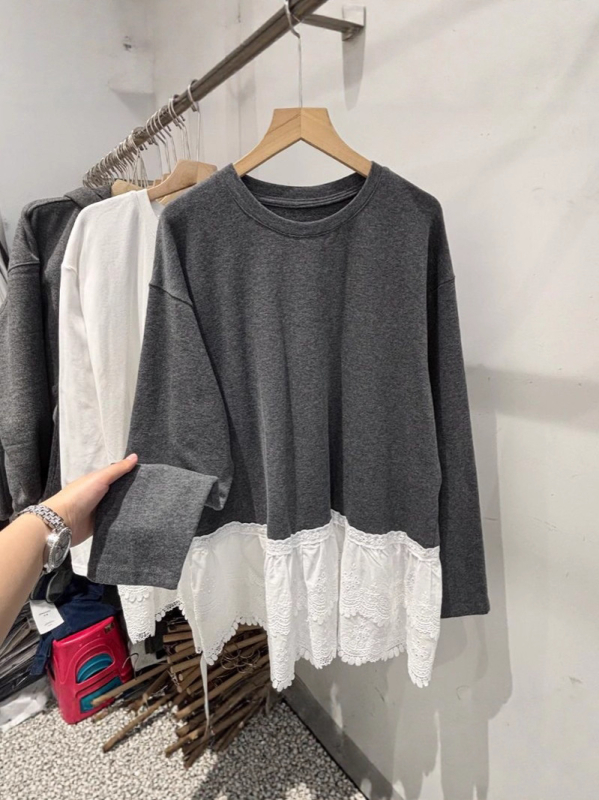 Majica od pamuka s dugim rukavima, slobodan kroj, mercerizirani pamuk, 95%+ pamuk, okrugli ovratnik, normalna duljina (50-65 cm)