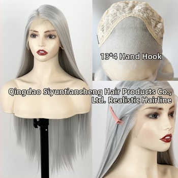 Srebno-siva perika s čipkom sprijeda, ručno kukičana, 13x4, srednji dio, ravna duga kosa, cosplay perika