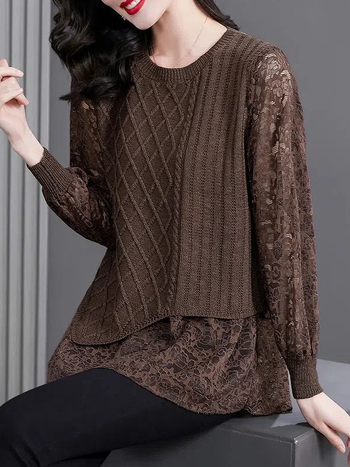 Ženski pleteni top s lažnim dvodijelnim setom, slobodan kroj, okrugli izrez, dugi rukavi, gradski stil
