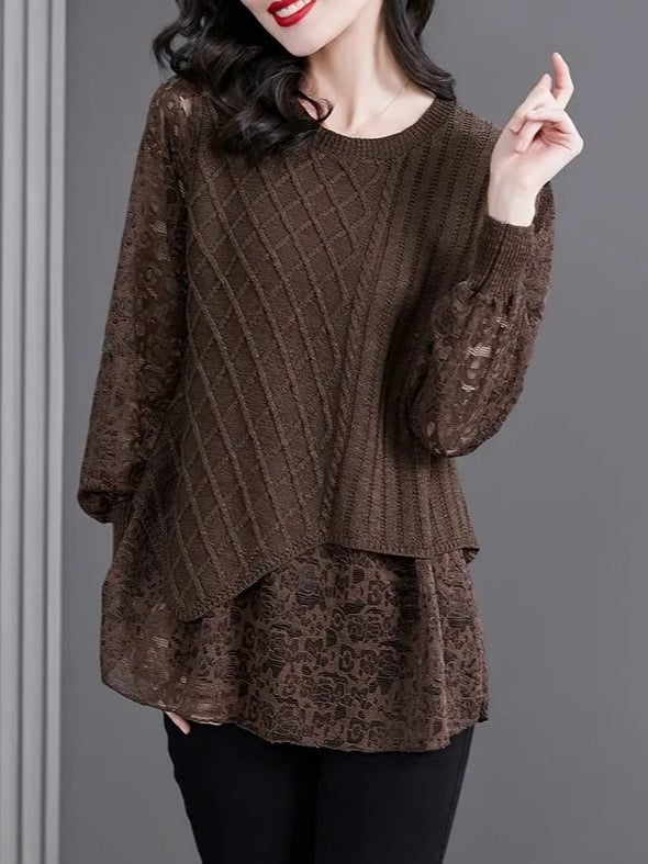 Ženski pleteni top s lažnim dvodijelnim setom, slobodan kroj, okrugli izrez, dugi rukavi, gradski stil