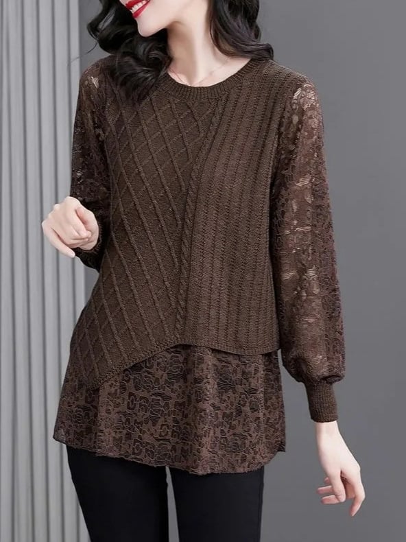 Ženski pleteni top s lažnim dvodijelnim setom, slobodan kroj, okrugli izrez, dugi rukavi, gradski stil
