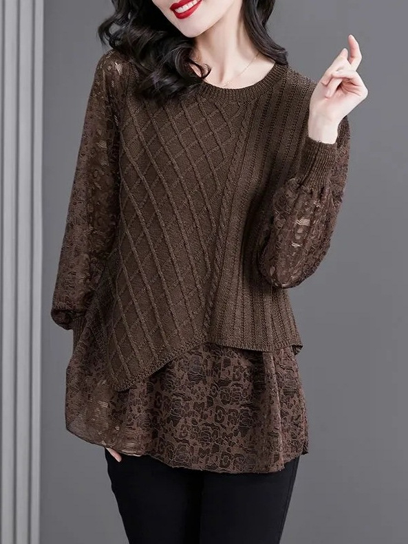 Ženski pleteni top s lažnim dvodijelnim setom, slobodan kroj, okrugli izrez, dugi rukavi, gradski stil