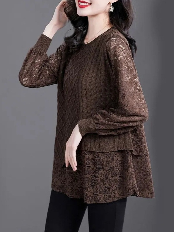 Ženski pleteni top s lažnim dvodijelnim setom, slobodan kroj, okrugli izrez, dugi rukavi, gradski stil
