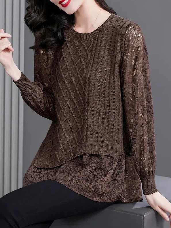 Ženski pleteni top s lažnim dvodijelnim setom, slobodan kroj, okrugli izrez, dugi rukavi, gradski stil