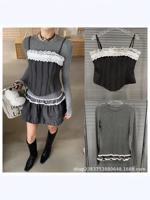 Ženski pamučni pleteni top s dugim rukavima i okruglim izrezom - normalna duljina, elegantan gradski stil