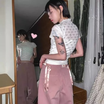 Majica u Harajuku stilu s 3D mašnicom, čipkana mrežasta izvezenost, kratki rukavi, uski kroj