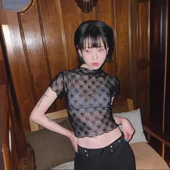 Majica u Harajuku stilu s 3D mašnicom, čipkana mrežasta izvezenost, kratki rukavi, uski kroj