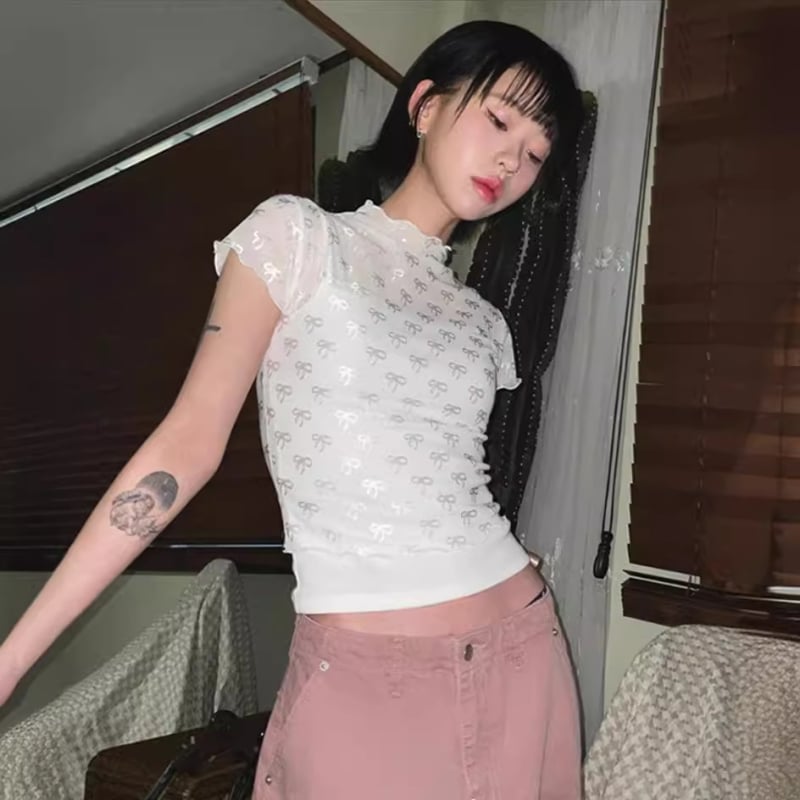 Majica u Harajuku stilu s 3D mašnicom, čipkana mrežasta izvezenost, kratki rukavi, uski kroj