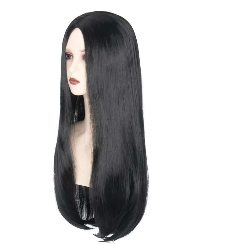 Addams Family cosplay paróka, középen elválasztott, egyenes haj, koreai stílus, hőálló szál, alkalmas festésre.