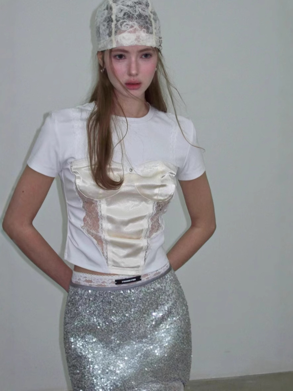 Tenkog kroja kratkih rukava s čipkastim panelima i izrezima, poliester-elastan, okrugli ovratnik