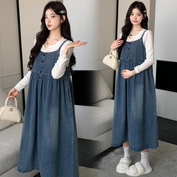 Kismama szett: kötött felső + denim pántos szoknya, koreai stílusú karcsúsító laza megjelenés, hosszú ujjú, denim anyag, középméretű szoknya