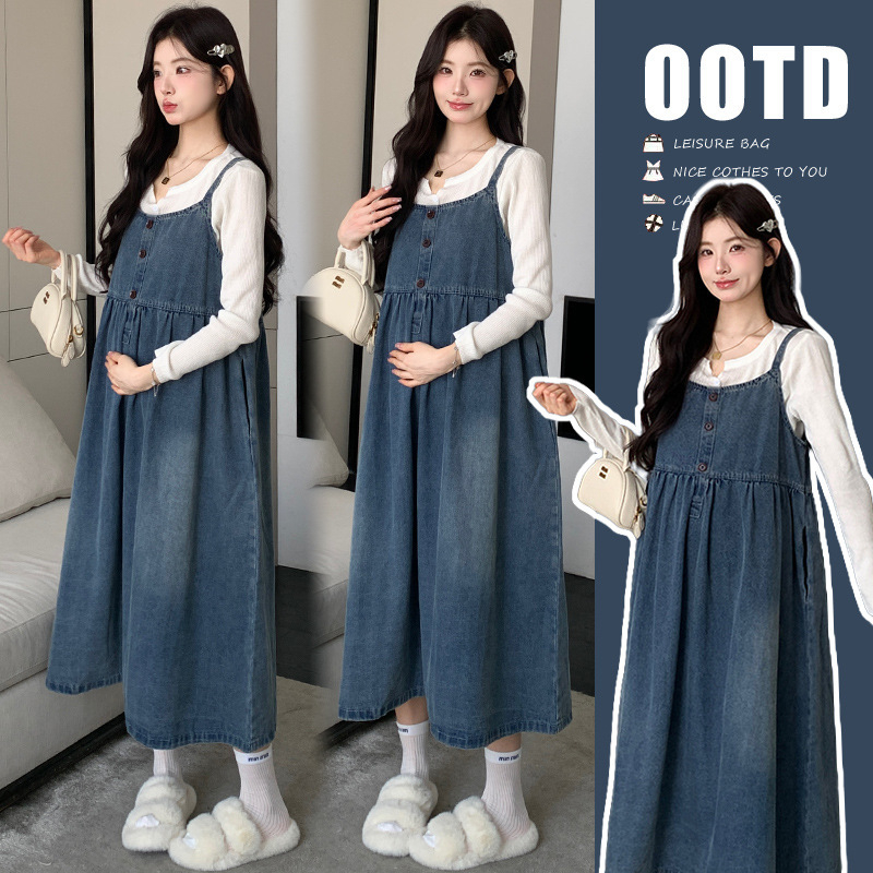 Kismama szett: kötött felső + denim pántos szoknya, koreai stílusú karcsúsító laza megjelenés, hosszú ujjú, denim anyag, középméretű szoknya