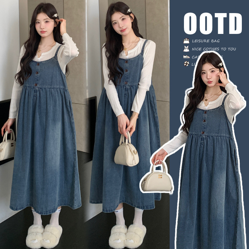 Kismama szett: kötött felső + denim pántos szoknya, koreai stílusú karcsúsító laza megjelenés, hosszú ujjú, denim anyag, középméretű szoknya