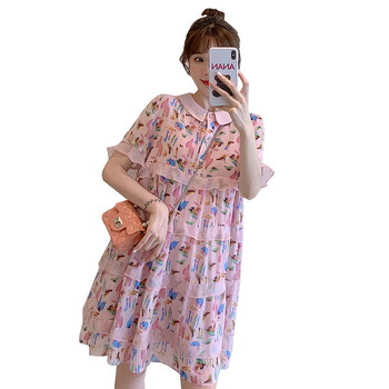 Trudnička haljina, chiffon, cvjetni uzorak, midi duljina, okrugli izrez, 3/4 rukavi