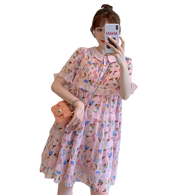 Trudnička haljina, chiffon, cvjetni uzorak, midi duljina, okrugli izrez, 3/4 rukavi