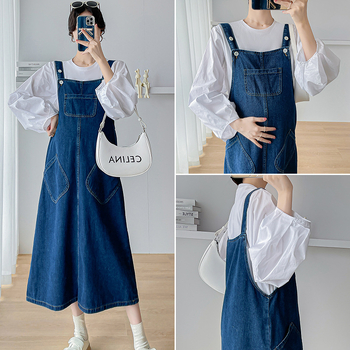 Kismama denim öltönyruha szett puffos ujjú toppal, 3/4 ujj, pamut 50–70% + spandex, ősz 2025