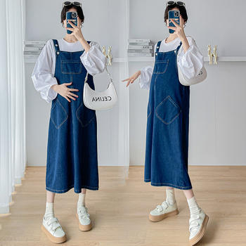 Kismama denim öltönyruha szett puffos ujjú toppal, 3/4 ujj, pamut 50–70% + spandex, ősz 2025