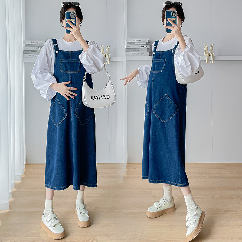 Kismama denim öltönyruha szett puffos ujjú toppal, 3/4 ujj, pamut 50–70% + spandex, ősz 2025