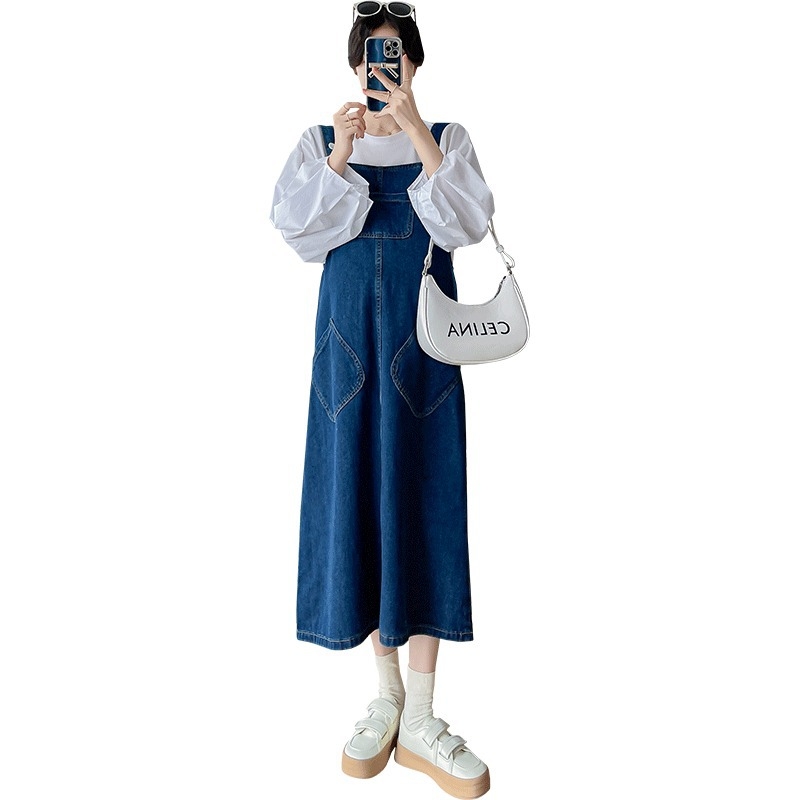 Kismama denim öltönyruha szett puffos ujjú toppal, 3/4 ujj, pamut 50–70% + spandex, ősz 2025