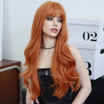 Duga valovita perika za žene s pravim šiškama, vlakna otporna na visoku temperaturu, može se bojiti ili peglati, pogodna za zabave, cosplay i Lolita