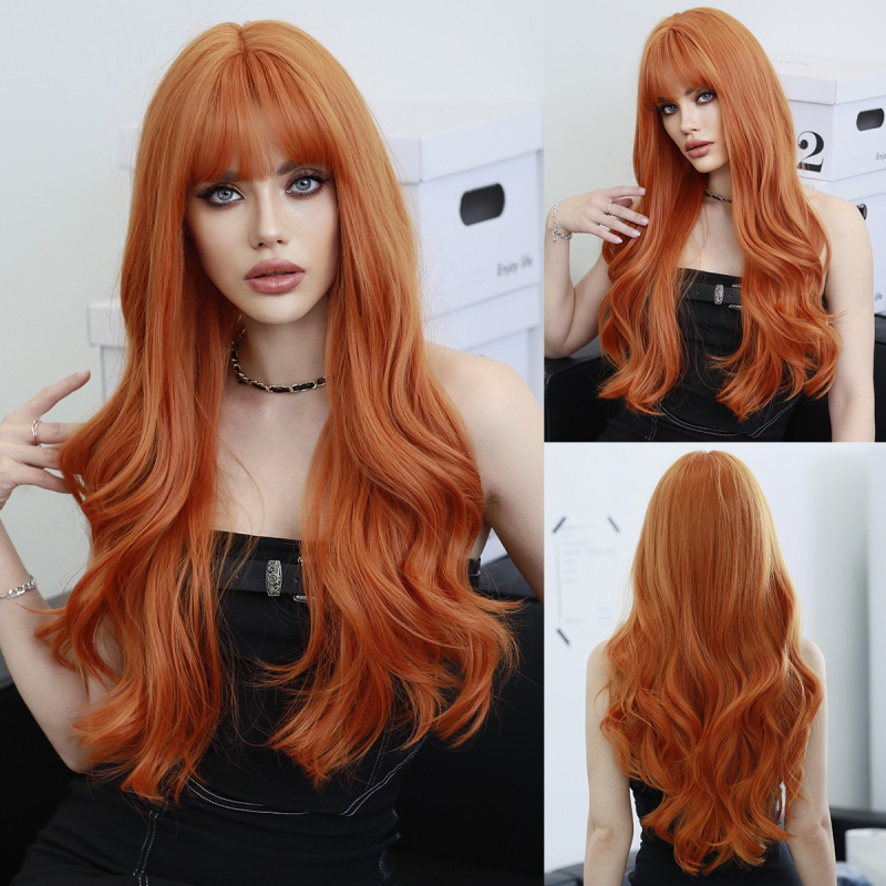 Duga valovita perika za žene s pravim šiškama, vlakna otporna na visoku temperaturu, može se bojiti ili peglati, pogodna za zabave, cosplay i Lolita