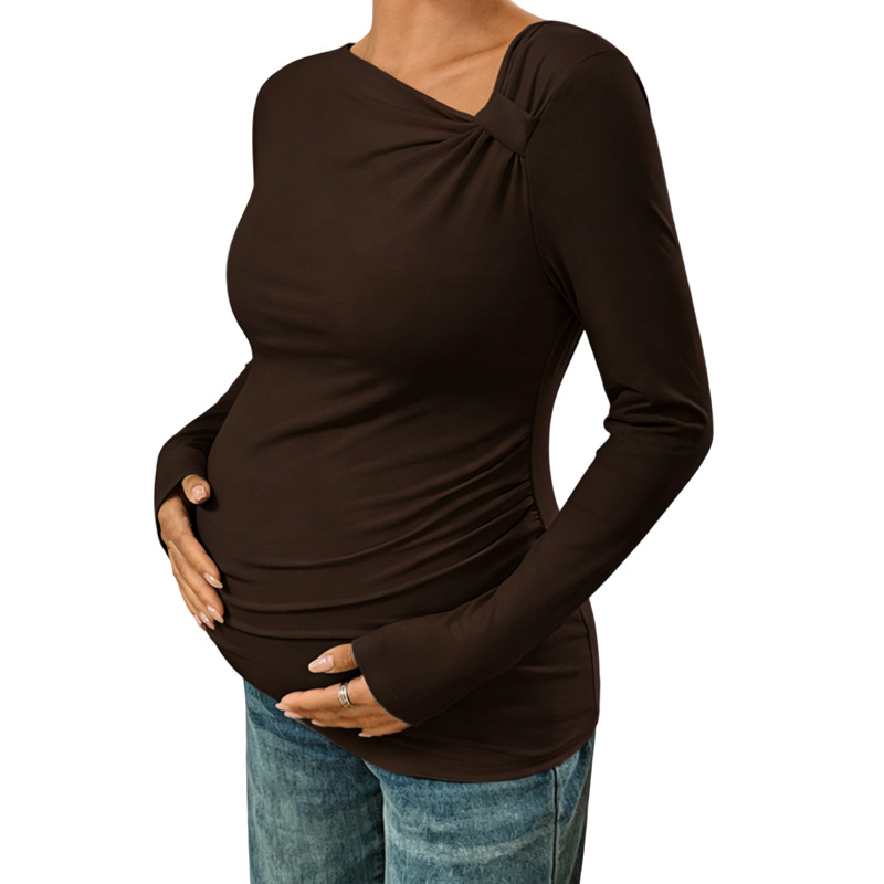 Top maternitate cu umeri înclinați, mâneci lungi, tricot poliester 90–95%, spandex <30%, lungime 80–100 cm