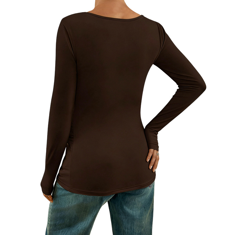 Top maternitate cu umeri înclinați, mâneci lungi, tricot poliester 90–95%, spandex <30%, lungime 80–100 cm